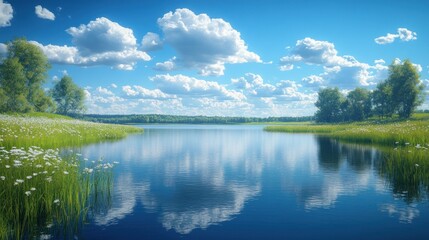 Obraz premium Serene lakeside view with lush greenery and fluffy clouds.