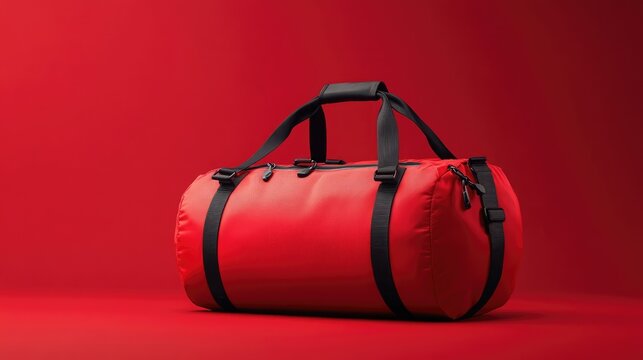 Bright red duffel bag with black straps, displayed against a red background, emphasizing robust design for travel or sports