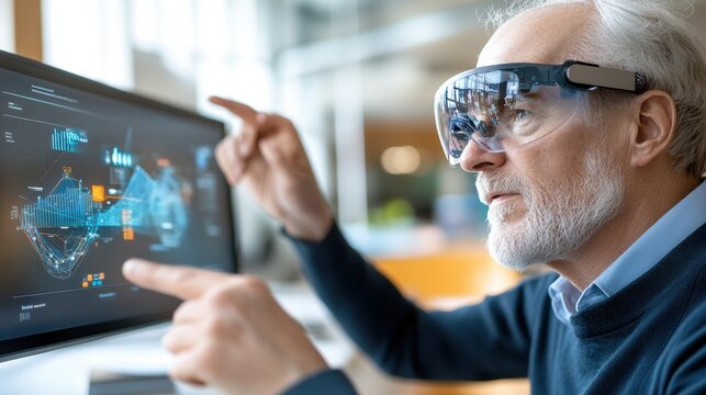 Senior man using augmented reality glasses while interacting with digital interface on computer screen in modern workspace. - Powered by Adobe