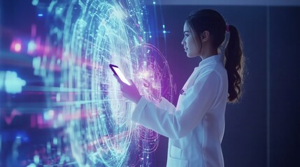 Female doctor tablet patient healthcare professional charts analysis efficient setup. AI generated