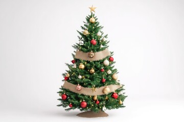 Fototapeta premium Christmas tree Isolated Christmas tree decorated with ornaments and burlap garland Christmas tree