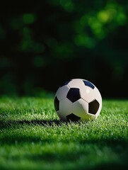 Obraz premium A classic black and white soccer ball resting on vibrant green grass.