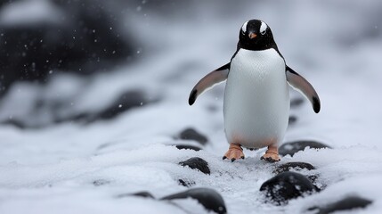 Fototapeta premium A single gentoo penguin standing on a snowy rocky beach with a blurred background of more rocks and snow.
