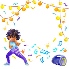Afro American teenager dancing to music. Watercolor Frame with dark-skinned school age boy, speaker and garlands, surrounded by notes, stars and confetti. Festive border with empty space for text.