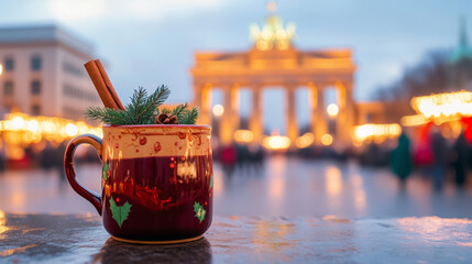 Photo of a traditional German mug filled with mulled wine near Brandenburg Gate during holiday season