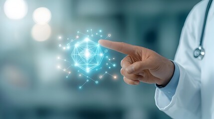 Doctor s Hand Pointing at Futuristic Polygonal Icon in Digital Healthcare Transformation