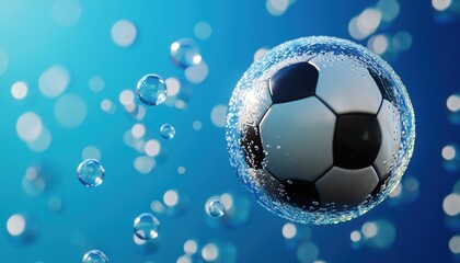 Naklejka premium A soccer ball submerged in soap bubbles, creating an artistic and playful underwater effect.