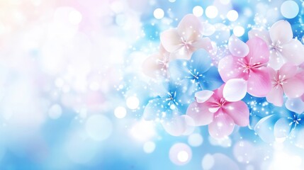 Soft pastel flowers adorn a dreamy background with delicate bokeh, creating a serene and romantic atmosphere.