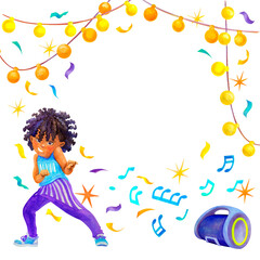 Afro American teenager dancing to music. Watercolor Frame with dark-skinned school age boy, speaker and garlands, surrounded by notes, stars and confetti. Festive border with empty space for text.
