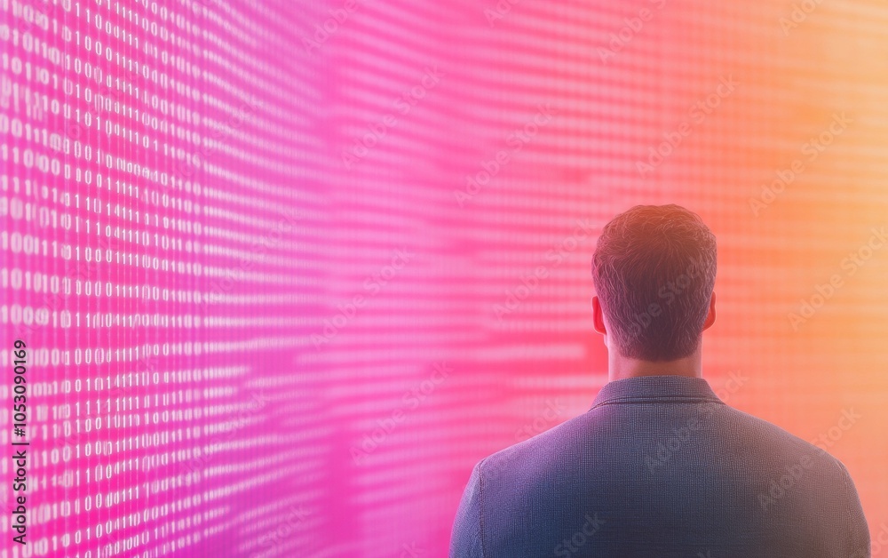 Poster Man in Tech Studio Analyzing Digital Data on Large Screen - AI and Predictive Analytics in Action