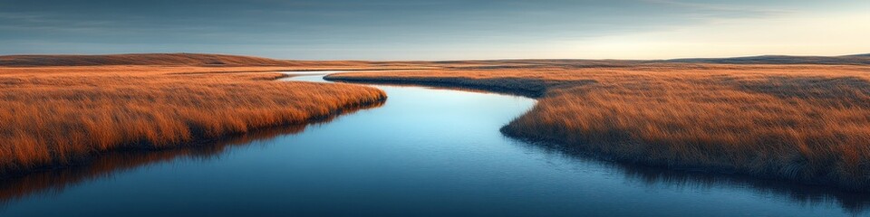 Serene river winding through golden grasslands at dusk.