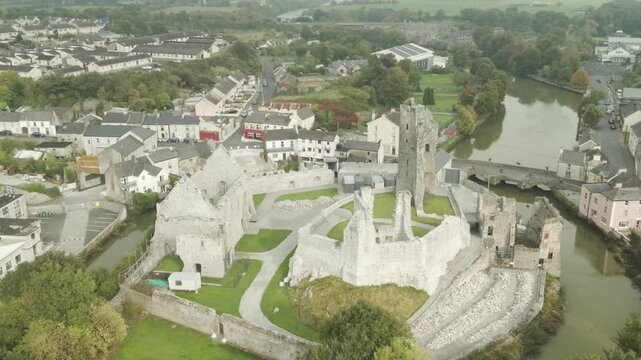 Panorama Of Desmond Hall And Castle In Limerick County, Askeaton Ireland. Aerial Shot