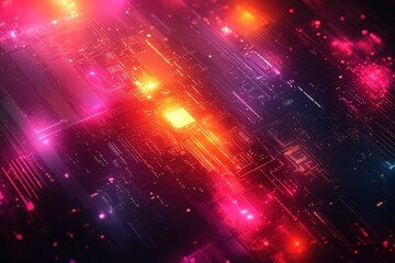 Obraz premium Abstract glowing circuit board with red and orange lights.