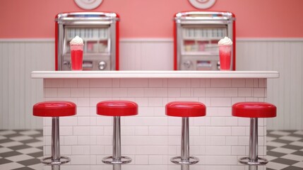 A retro-style diner interior featuring red stools and vintage soda fountains against a pink...