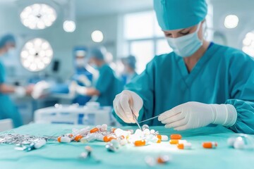 Surgeon preparing medical supplies in an operating room, showcasing a focused and sterile environment for surgical procedures.