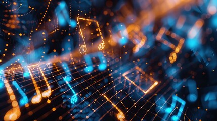 Fototapeta premium closeupA dynamic wireframe mesh composition of musical notes and sound waves, capturing the energy and flow of music ,Sound-Engineer
