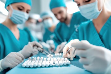 Surgeons in blue scrubs prepare surgical tools and supplies in a sterile environment for a medical procedure.