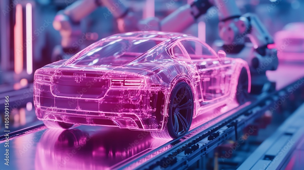 Aufkleber a transparent pink car moves along an assembly line in a futuristic factory. the car is being worked
