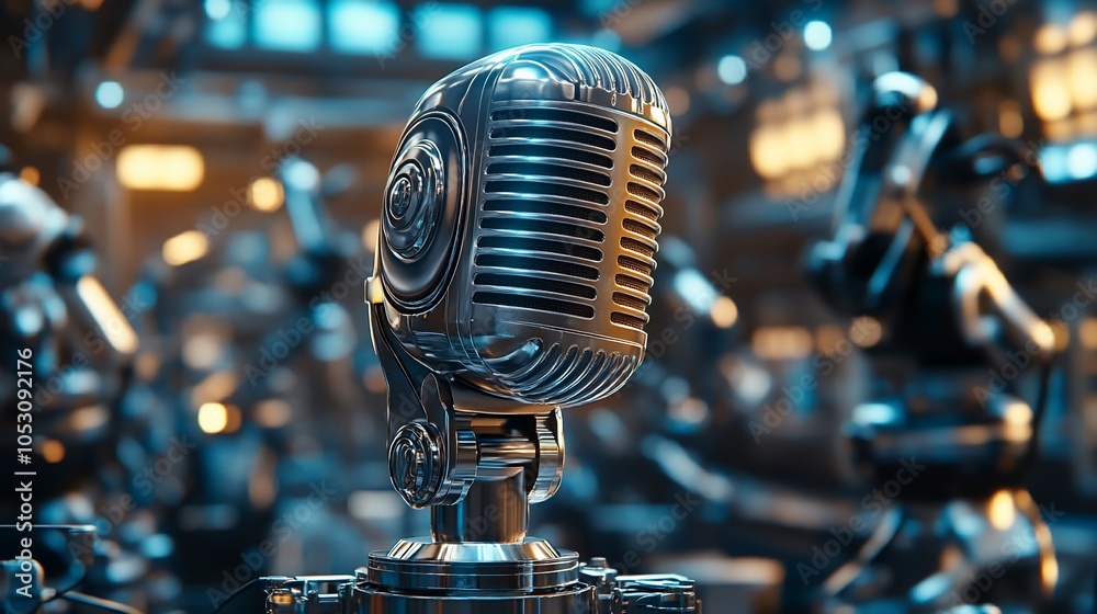 Aufkleber A vintage microphone stands in front of a blurry background of robots in a factory setting.