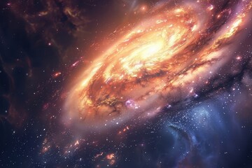 Fototapeta premium Glowing orange and blue spiral galaxy in deep space with stars and dust.