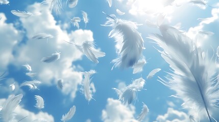 Feathers flying in the blue sky.