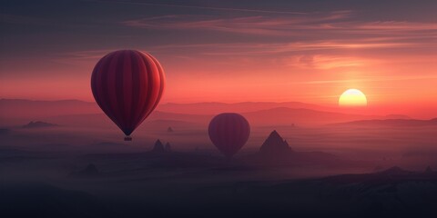Fototapeta premium Hot air balloons soaring above stunning landscapes at sunset, creating a breathtaking travel experience.