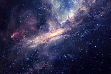 Fototapeta premium Glowing spiral galaxy with bright center and colorful surrounding dust and gas formations in deep space.