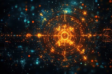 Obraz premium Abstract glowing orange and blue futuristic technology background with digital circle in the center.