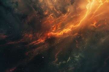 Glowing orange and green nebula with stars in the dark universe