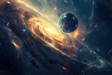 Glowing blue planet in a vibrant cosmic nebula