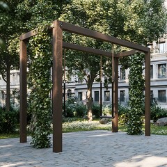 Modern Garden Swing Set Surrounded by Lush Greenery in Urban Park