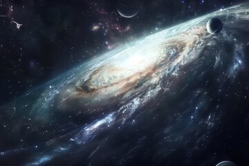 Breathtaking view of a spiral galaxy with glowing center and moons in the vastness of space.