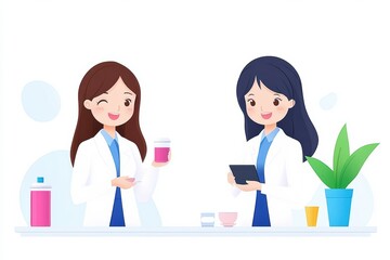 Fototapeta premium Two female scientists in lab coats collaborating on research in a bright, modern laboratory with colorful elements.
