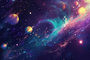 Colorful Nebula and Planets in Deep Space