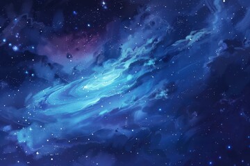 Painted swirls of blue and purple stardust in deep space.