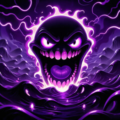 A demonic face with glowing purple eyes and teeth emerges from swirling purple waves, surrounded by electric purple lightning. The face has a wide, menacing grin.