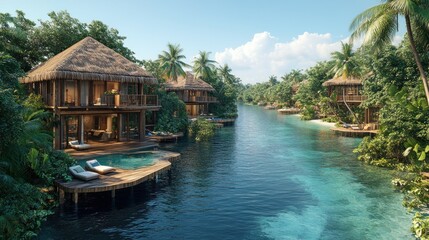 Fototapeta premium Scenic waterfront villas surrounded by lush tropical greenery.