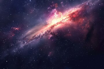 Glowing spiral galaxy with bright center and dust clouds in deep space.