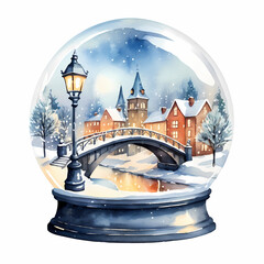 The globe shows a small town with a bridge crossing a river, a lamp post, snow-covered trees, and buildings. 