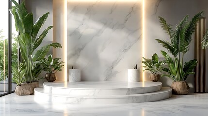 Elegant white marble stage with green tropical plant in luxury minimalist design