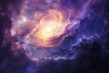 Colorful swirling nebula with bright center and glowing dust clouds