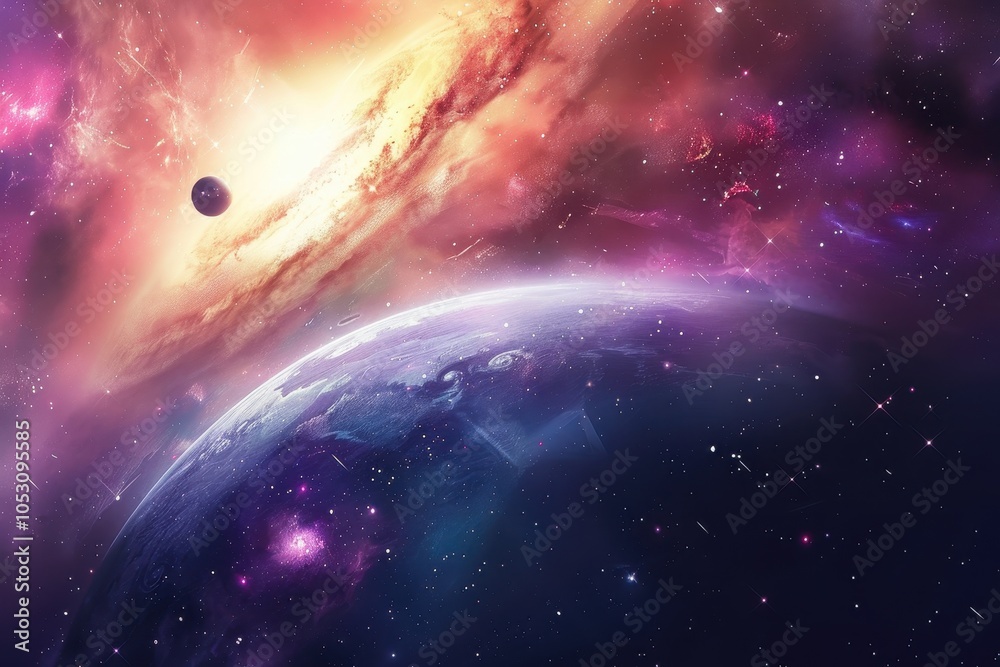 Wall mural Breathtaking view of a distant planet and a swirling nebula in deep space.