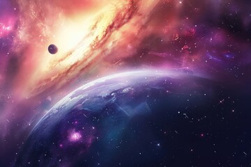 Fototapeta premium Breathtaking view of a distant planet and a swirling nebula in deep space.