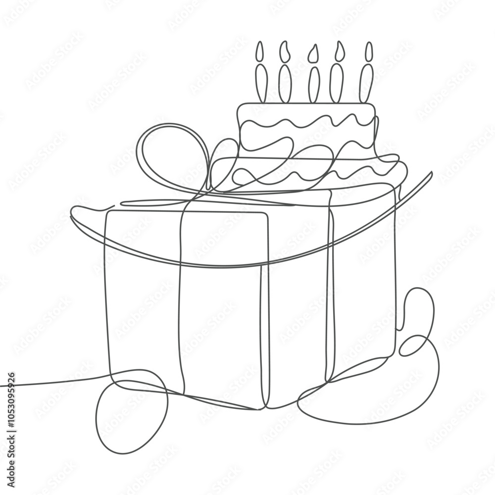 Fototapete continuous one line drawing template gifts box with party concept. bday presents cardboard box or ba