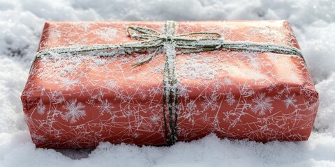 a christmas gift in red wrapping paper lying in the snow