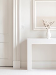 A bright, minimalist hallway with white walls, modern art hanging on the walls, and a sleek white console table with a small vase of flowers, soft lighting creating a gallery-like atmosphere