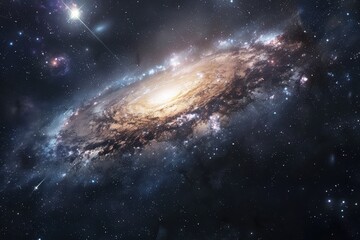 Obraz premium Spiral galaxy in deep space with stars and glowing dust, billions of light years away.