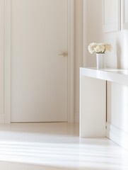 A bright, minimalist hallway with white walls, modern art hanging on the walls, and a sleek white console table with a small vase of flowers, soft lighting creating a gallery-like atmosphere