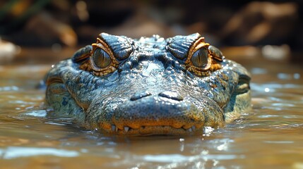Obraz premium Close-up of a crocodile's head partially submerged in water.