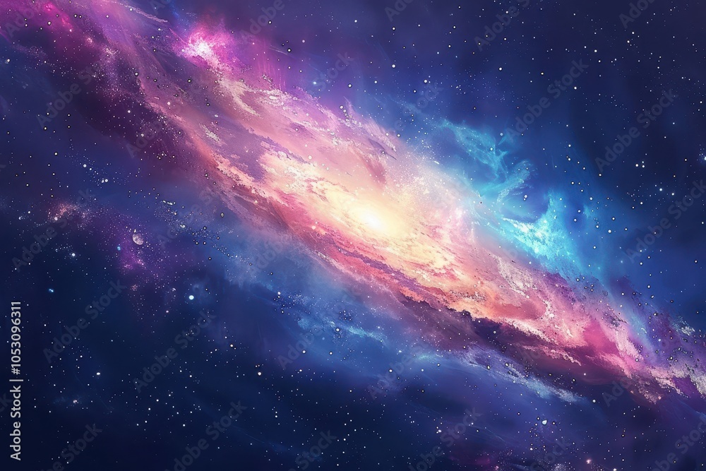 Wall mural vibrant and colorful spiral galaxy with glowing center and stardust in deep space.